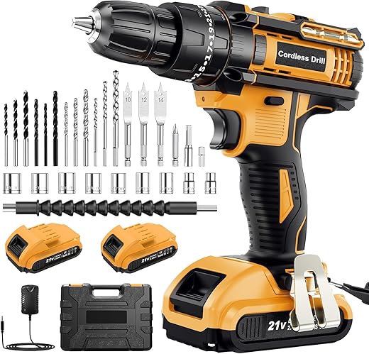 21V Battery Hammer Drill, Drill Driver Battery with 2 x 2.0Ah Batteries, Electric Screwdriver 42Nm, 25+3 Torque Adjustment, 30 Accessories, 2 Speed, LED Light for Home, DIY