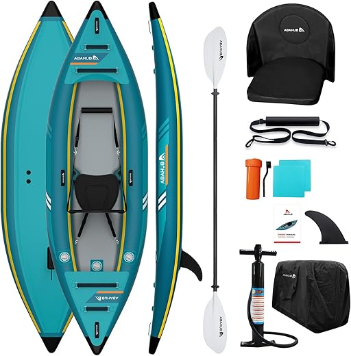 Abahub Kayak Hinchable 320/420cm con Remo, Asiento, Reposapiés, Bomba de Mano y Bolsa para Kayak Canoa Embarcación Inflable 1/2 Lugar 320/420x89x23cm