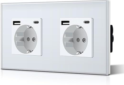 BSEED Enchufe de Pared 2 Enchufes Estándar Schuko con 2.1A USB Mejorado Conector de Carga y Enchufe Tipo C con Panel de Cristal Fácil Instalación 157mm Blanco