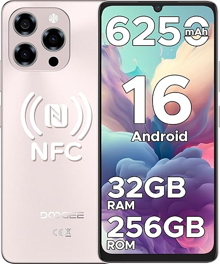DOOGEE Note 58 Pro Free Mobile Phone Andriod 16, 32GB+256GB Smartphone Octa Core 6.75" HD+ 90Hz Mobile, Battery 6250mAh, 16MP+8MP, Mobile Phone 8.6mm, Dual SIM 4G/GPS/NFC/Fingerprint Gold
