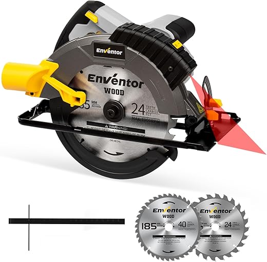 Enventor 1650W Circular Saw with Laser Guide, Hand Circular Saw 5500RPM, Cutting Depth 62mm(90°), 46mm(45°), 2 Saw Blades (185mm, 24T+ 40T), Ideal for Cutting Wood