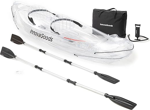 InnovaGoods® Inflatable Kayak 2 seats, Transparent Inflatable Kayak 312Cm, Inflatable Kayak with 3 Air Chambers, 2 Carrying Handles, 2 Detachable Paddles, 2 Inflatable Seats, Manual Inflator.