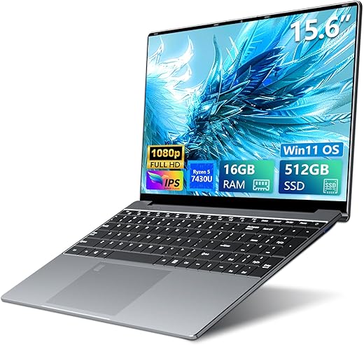 Laptop and Ryzen5 7430U, 15.6 Inch Laptop PC 16GB RAM 512GB SSD, Radeon Graphics Laptop, Fingerprint/Backlit Keyboard, Type-C+USB 3.0+Mini-HDMI+6000mAh Battery