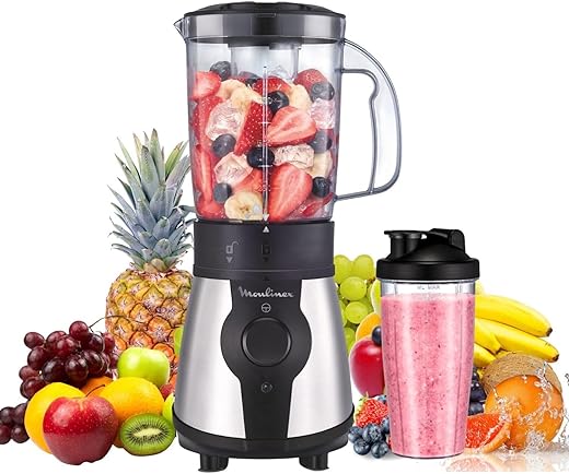 Moulinex Blend&Go 300W Blender with 1.3L Jug and 750ml Plastic Bottle, 4 Removable Blades, Stainless Steel Finish, LM1B1D