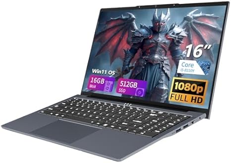 Ordinateur Portable 16 Inches, Core i5-8210Y CPU, Win11 Pro PC Portable 16GB RAM 1TB SSD, Clavier Rétroéclairé, 1080P FHD Laptop Display, (Mini-HDMI+USB3.0+Type-C+Webcan+WIFI5+5800mAh Battery)