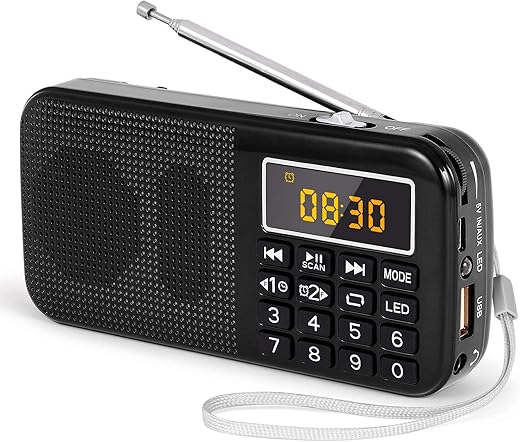 PRUNUS J-725 FM Small Portable Radio, Digital Alarm Clock, Rechargeable 3000mAh Battery, AUX/USB/SD Player with 3W Speaker, and LED Flashlight (Black)