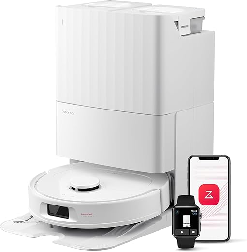 roborock QV 35S Robot Vacuum Cleaner, 10000 Pa HyperForce Suction with Multifunctional Base, Double Anti-Tangle Brushes, 2 Rotating Mops Automatic Lifting of 10 mm, Clean and Dry Auto, White