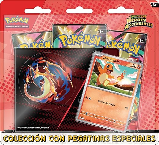 Pokémon: Colección con Pegatinas Especiales de Megaevolución-Héroes Ascendentes: Charmander (1 Carta holográfica de promoción y 3 Sobres de Mejora)